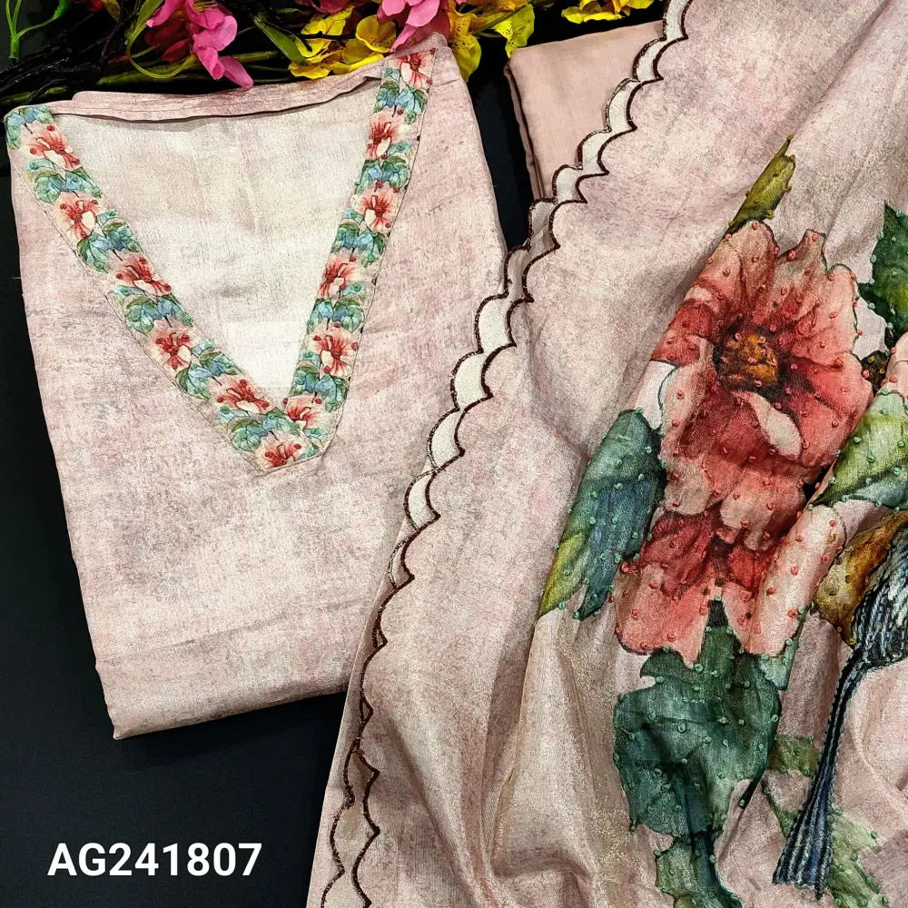 CODE AG241807: pale pink abstract printed premium tissue silk cotton unstitched salwar material printed v neck(lining