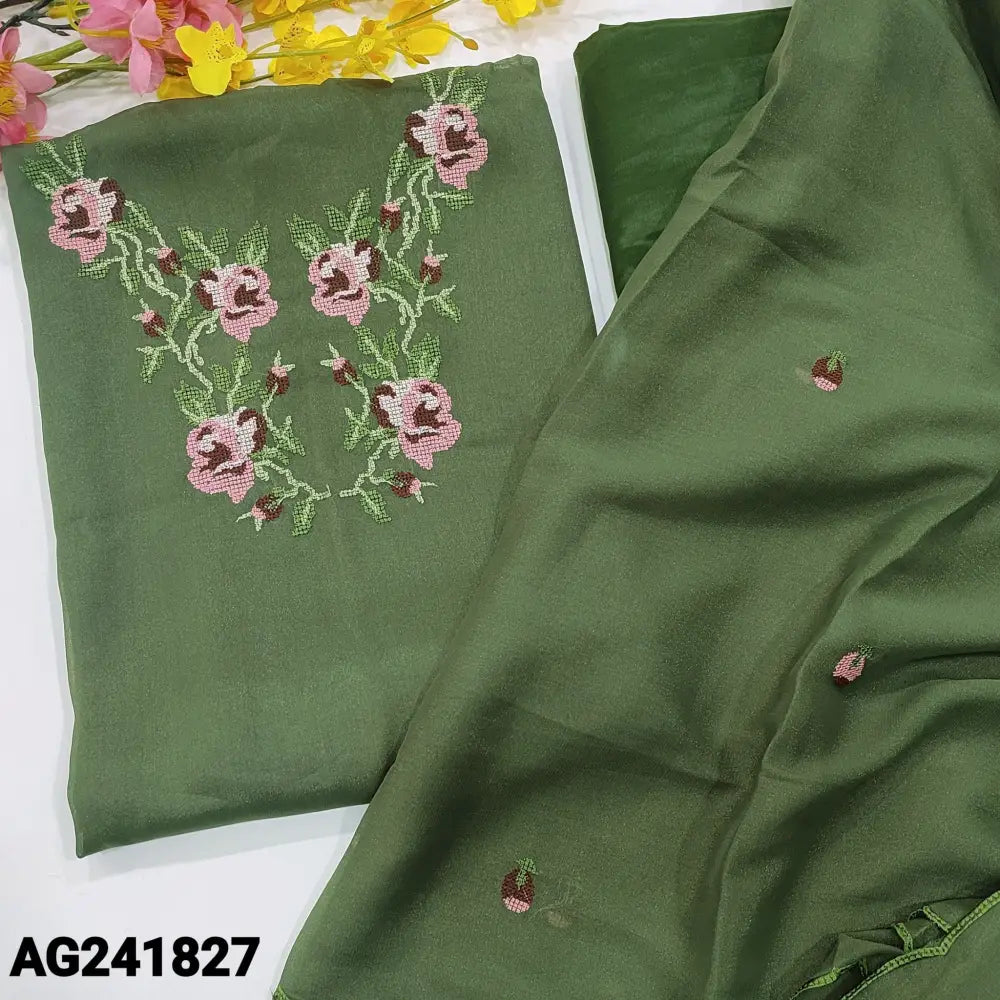 CODE AG241827: Olive green semi georgette unstitched salwar material cross stitch embroidered on yoke(thin fabric