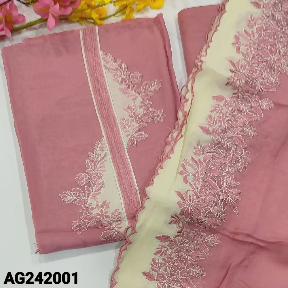 CODE AG242001: Pastel pink designer pure organza unstitched salwar material embroidered on yoke(thin fabric lining