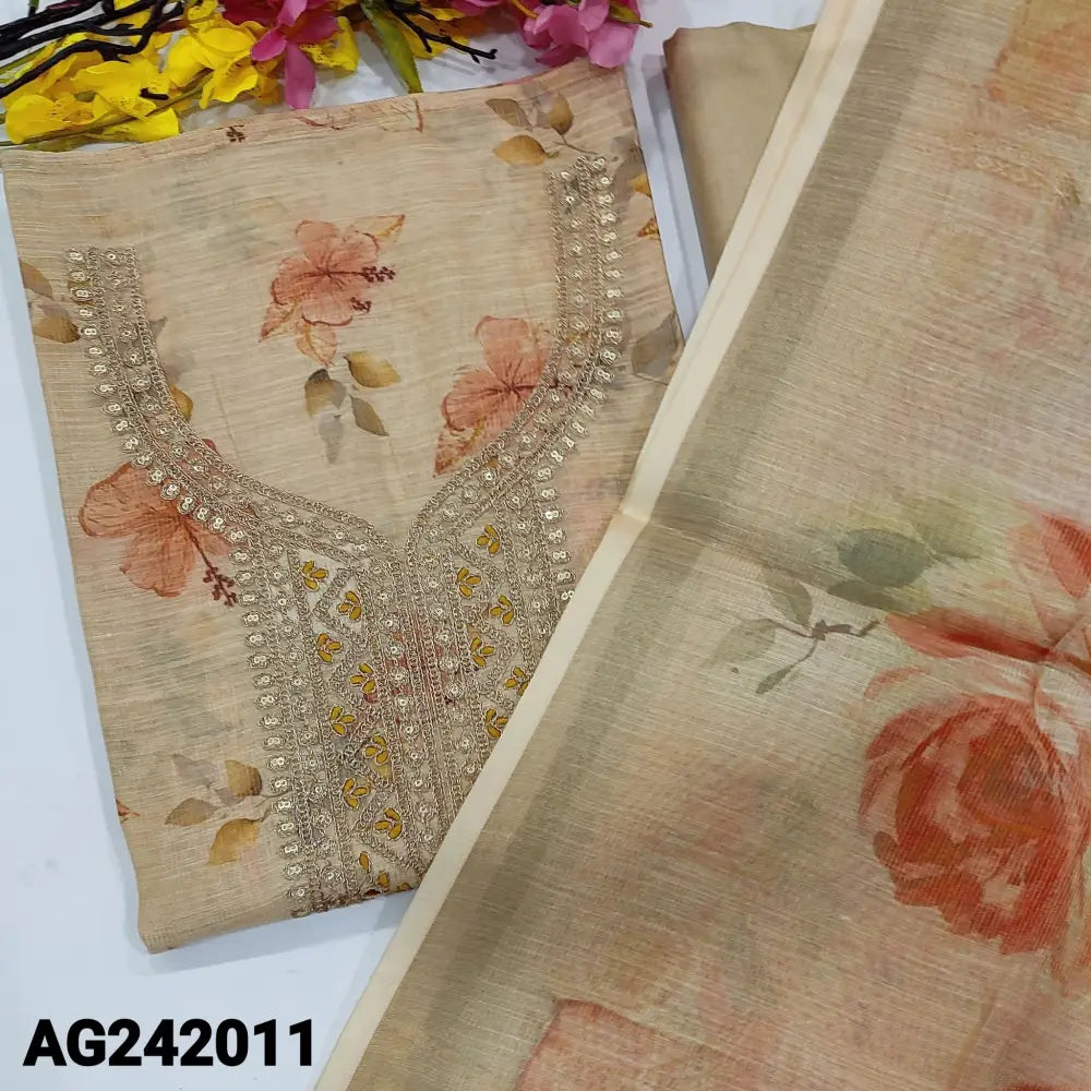 CODE AG242011: Beige with golden tint floral printed designer tissue silk cotton unstitched salwar material zari&