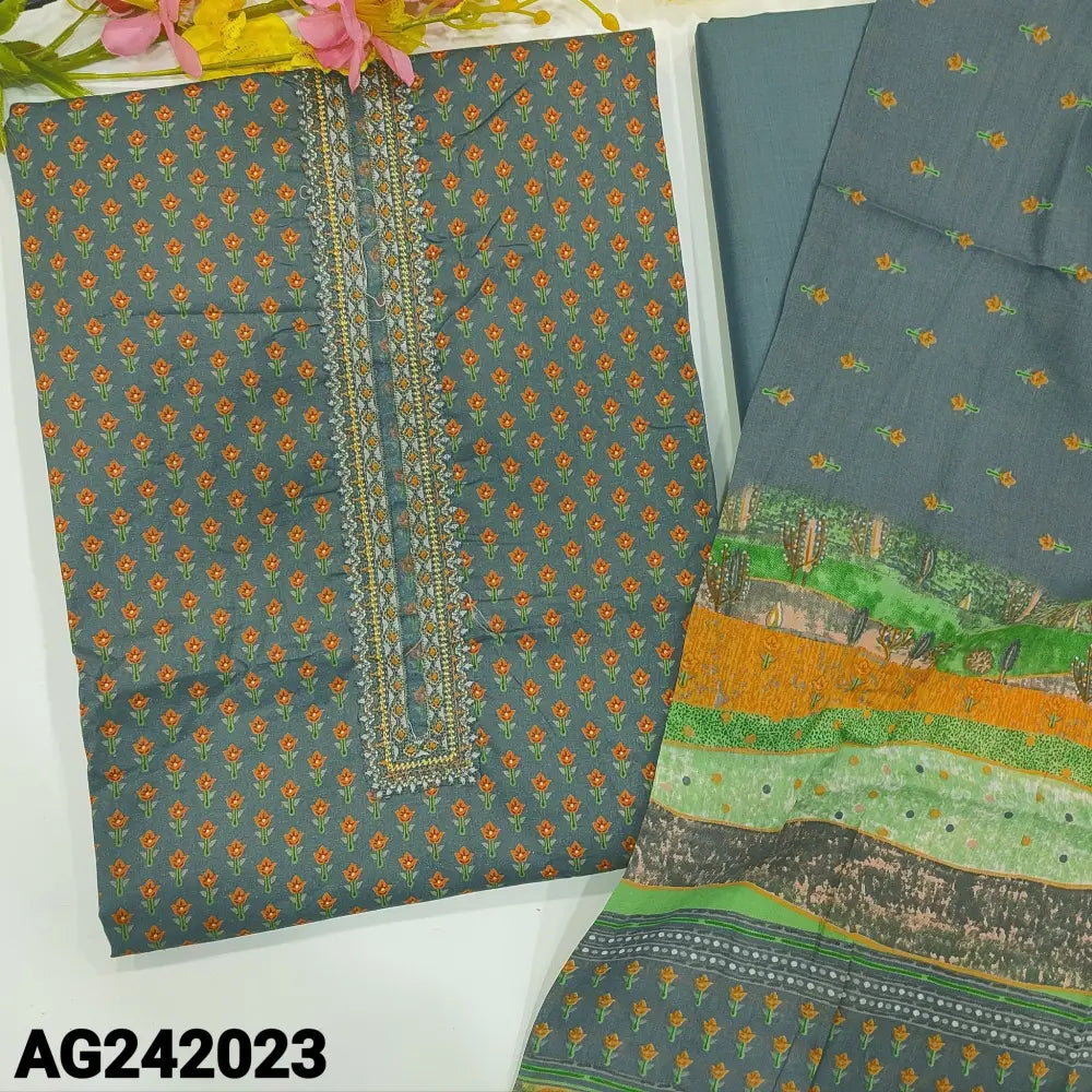 CODE AG242023: Light grey digital printed satin cotton unstitched salwar material thread embroidered on yoke(lining