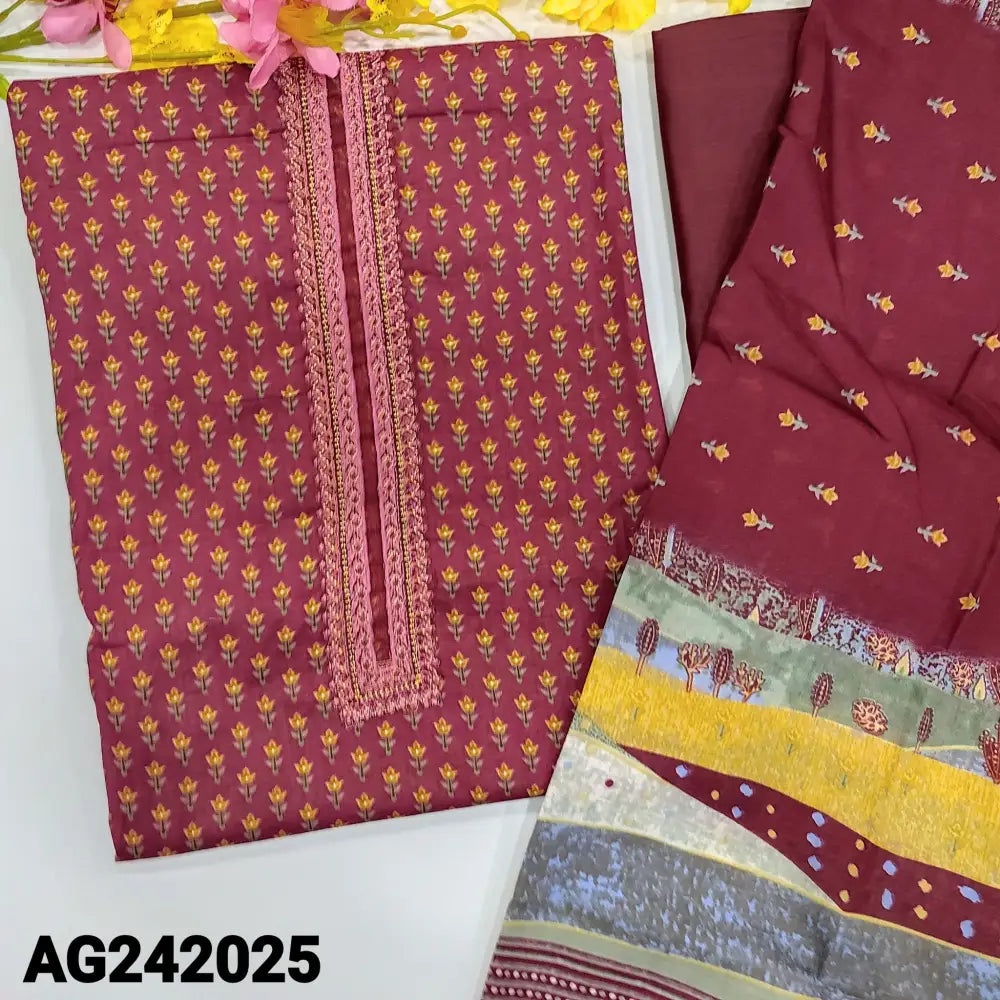 CODE AG242025: Dark pink digital printed satin cotton unstitched salwar material thread embroidered on yoke(lining