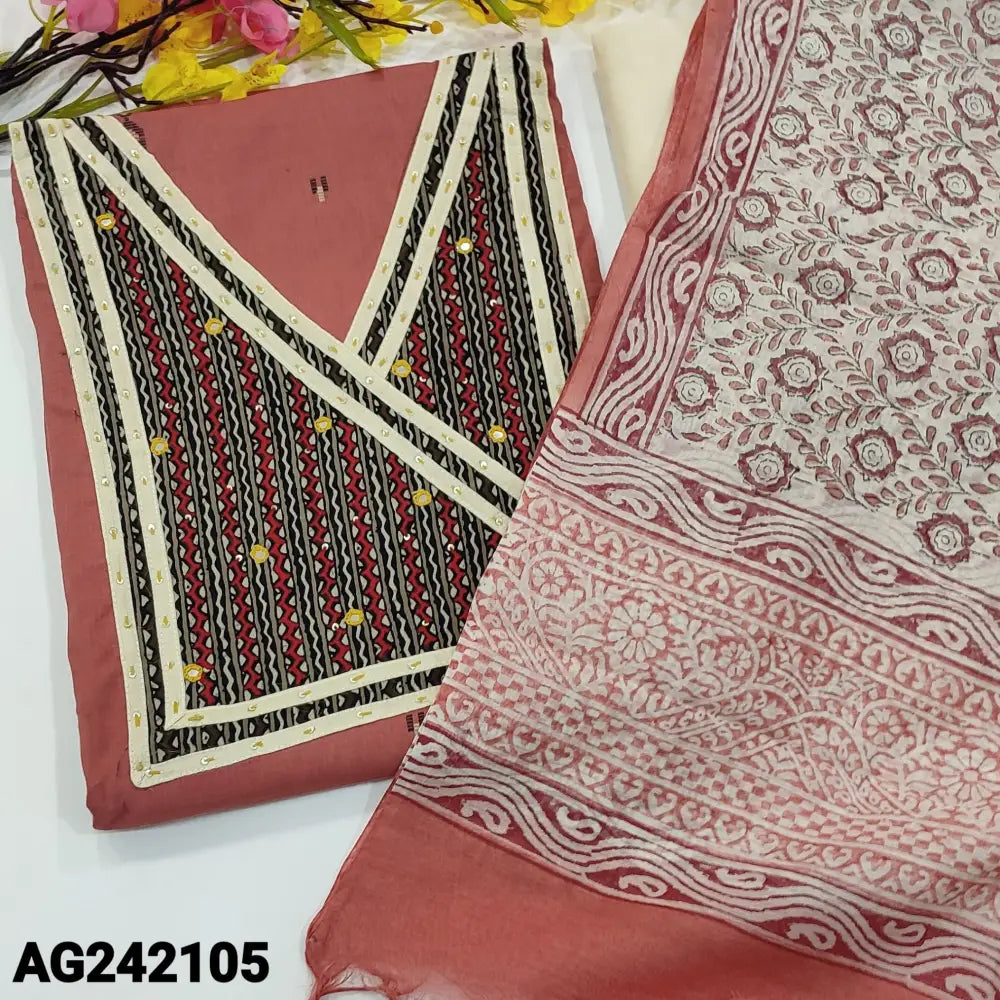 CODE AG242105: Onion pink premium soft cotton unstitched salwar material ajrak yoke patch with thread &mirror work