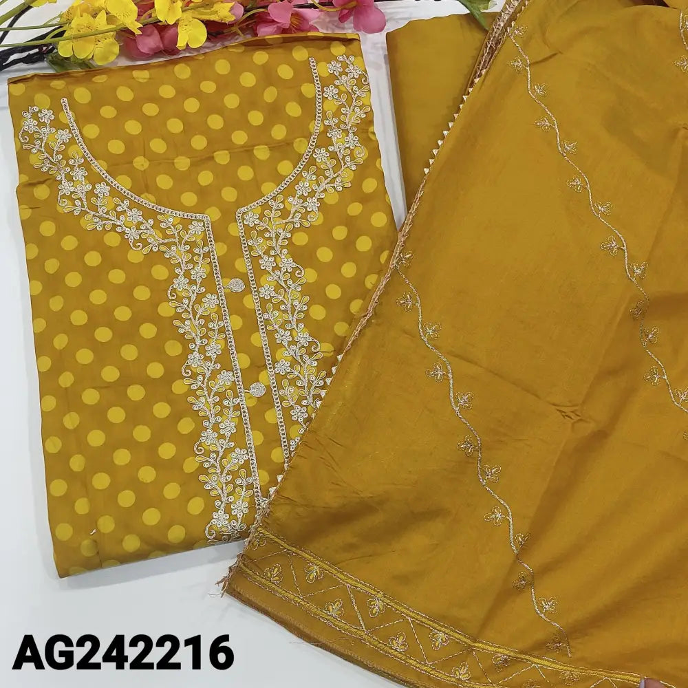 CODE AG242216: Mehandhi yellow satin cotton unstitched salwar material zari work on yoke polka dots all over(lining