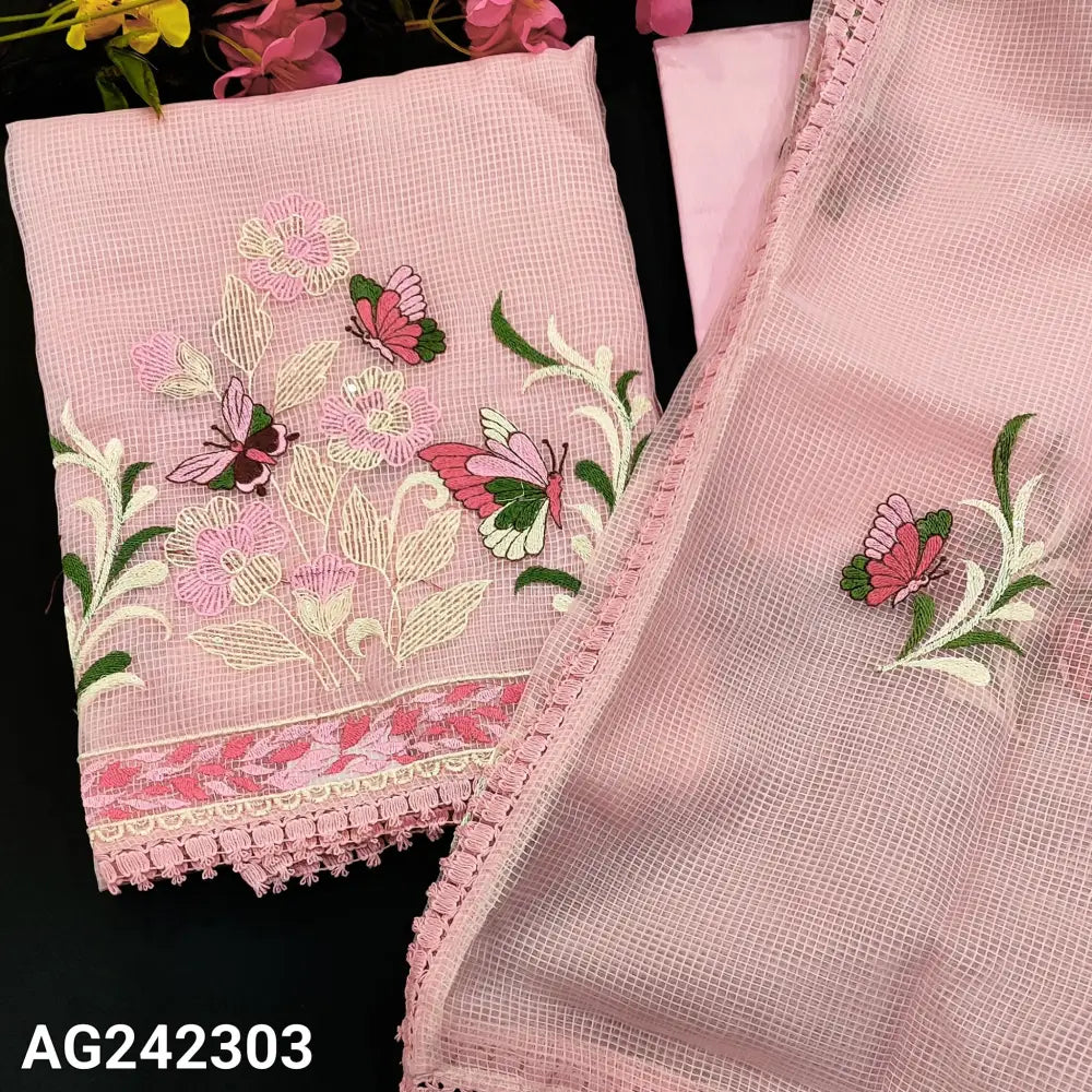 CODE AG242303: Pastel pink fancy super net unstitched salwar material embroidered on yoke(netted fabric lining