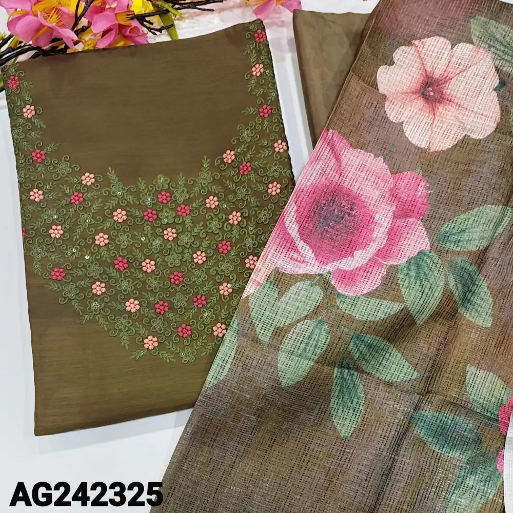 CODE AG242325: Olive green fancy silk cotton unstitched salwar material embroidered& sequins work on yoke(lining