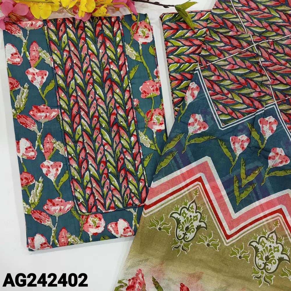 CODE AG242402: Dark teal blue base floral printed pure soft cotton unstitched salwar material bead sequins& lace work