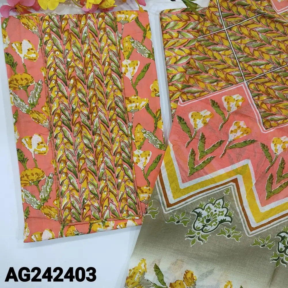 CODE AG242403: Pink base floral printed pure soft cotton unstitched salwar material bead sequins& lace work
