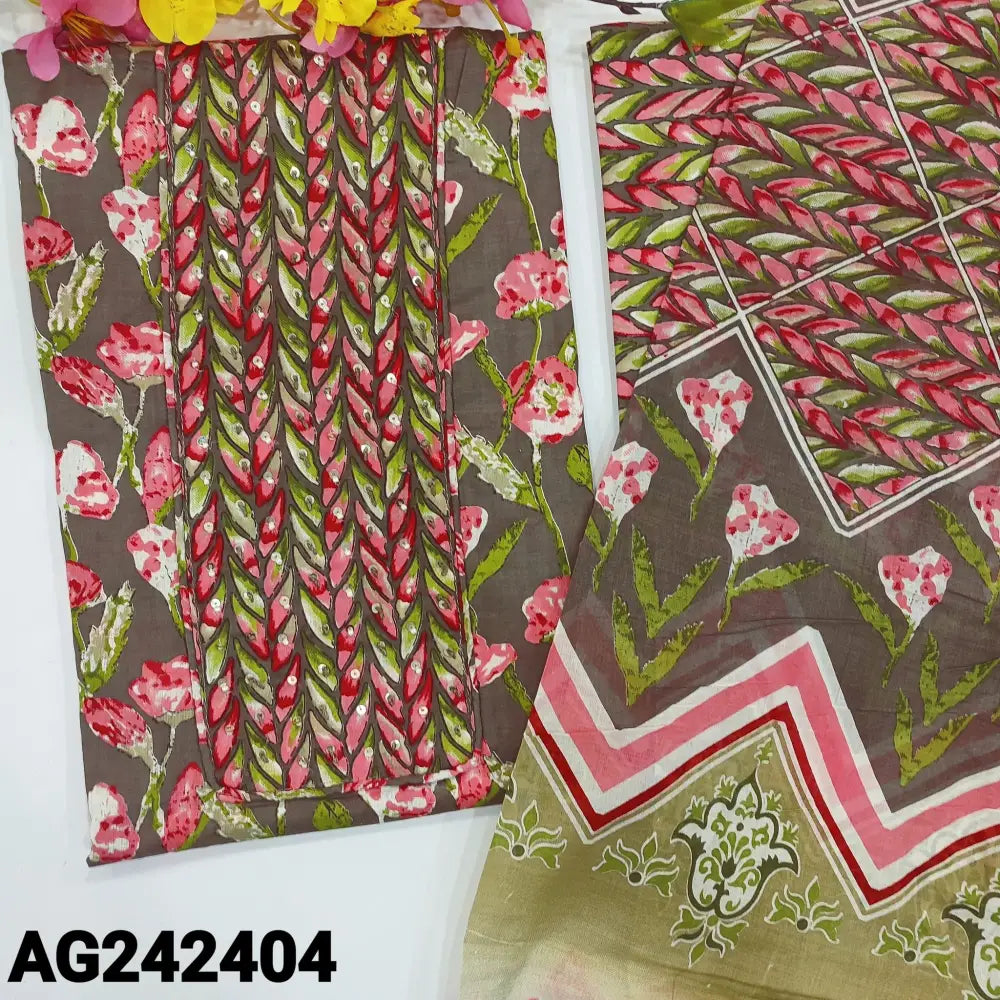 CODE AG242404: Grey base floral printed pure soft cotton unstitched salwar material bead sequins& lace work
