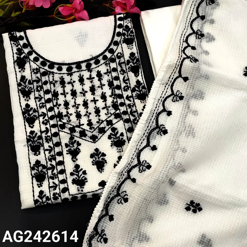 CODE AG242614: White designer pure kota unstitched salwar material hand embroidered on yoke& front(lining