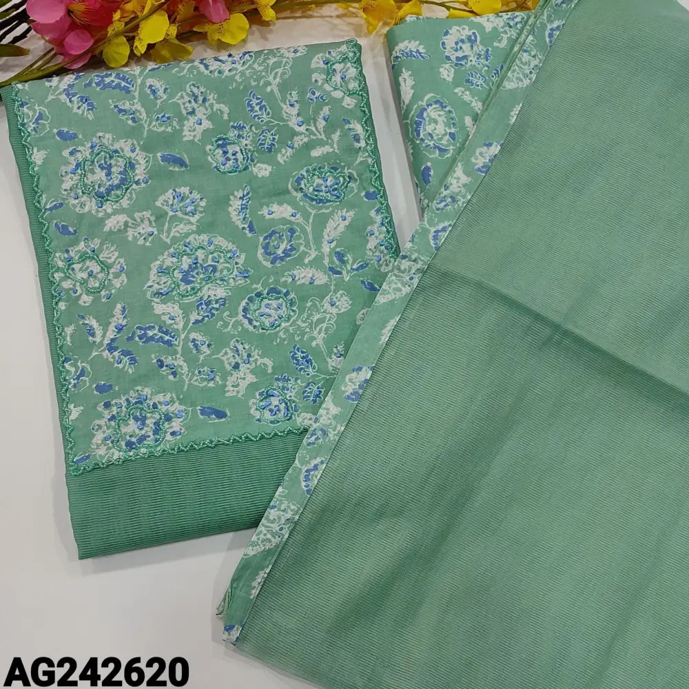 CODE AG242620: Pastel green premium super net unstitched salwar material printed cotton yoke patch with thread& bead