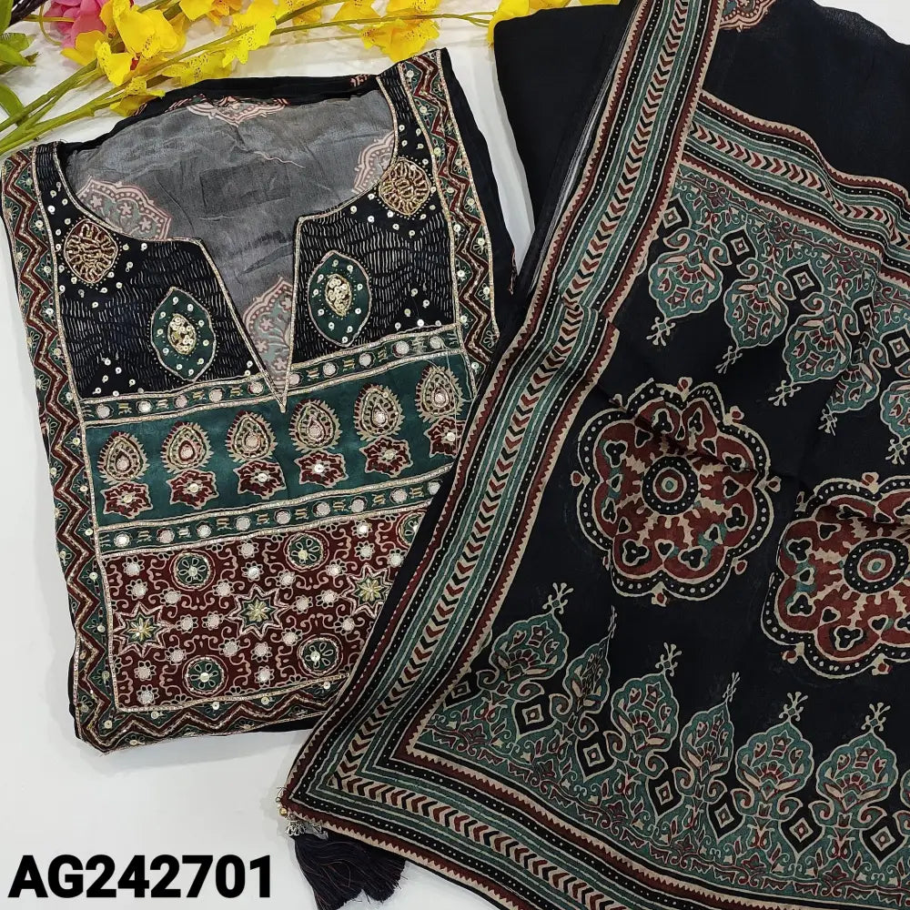 CODE AG242701: Black designer ajrak printed pure maslin silk unstitched salwar material heavy work on yoke& front(shiny