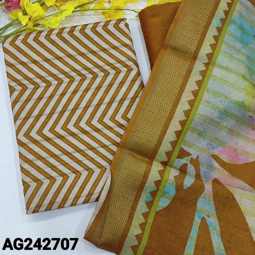 CODE AG242707: Mehandhi yellow zigzag printed semi gicha unstitched salwar material self woven design all over(lining