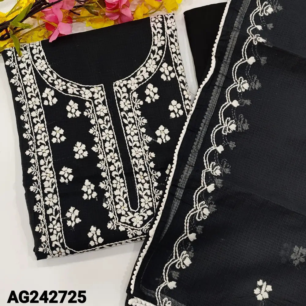 CODE AG242725: Black premium kota unstitched salwar material hand embroidered with panel pattern on front(netted fabric