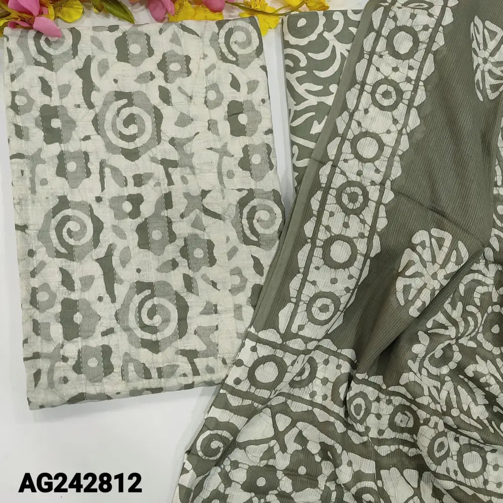 CODE AG242812: Light grey original wax batik premium cotton unstitched salwar material kantha stitch all over(lining