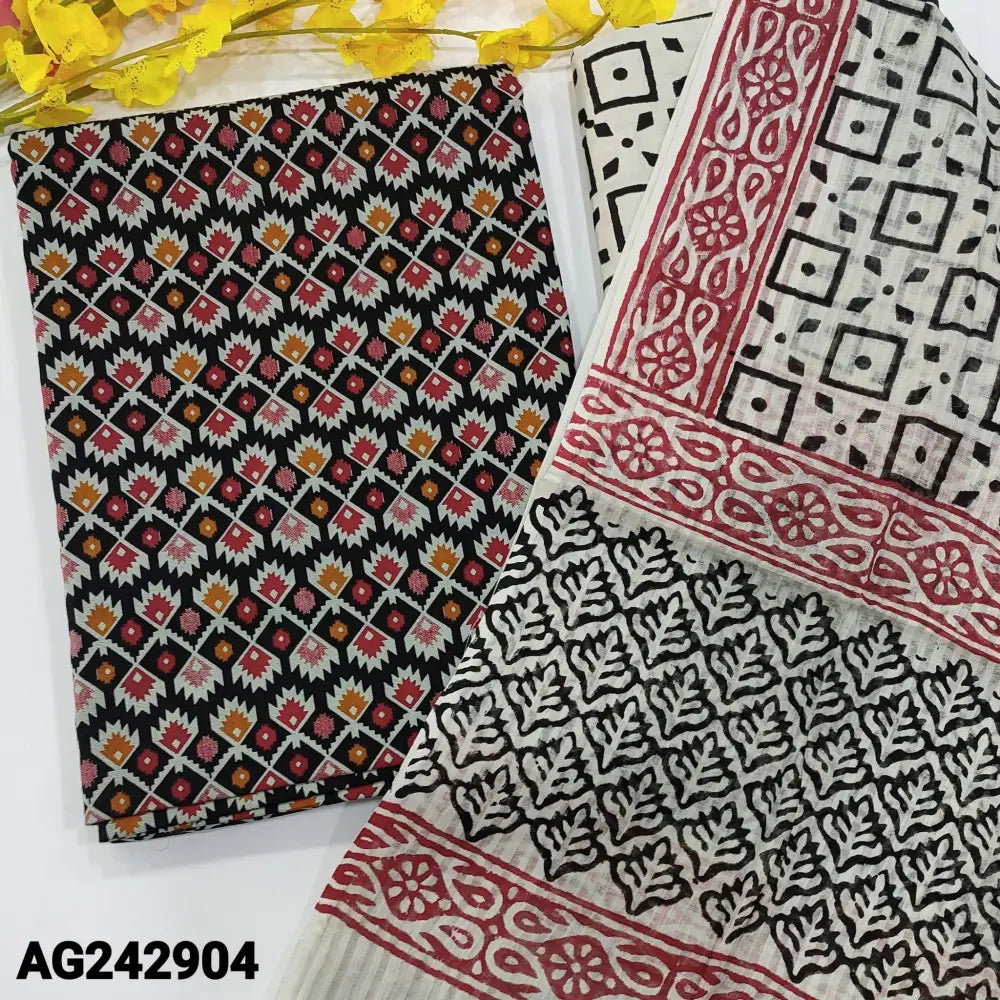 CODE AG242904: Black base printed pure cotton unstitched salwar material(lining optional)block printed pure cotton