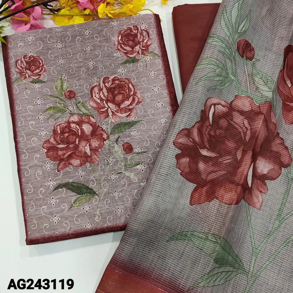 CODE AG243119: Dark maroon schiffli embroidered digital printed silk cotton unstitched salwar material(thin fabric