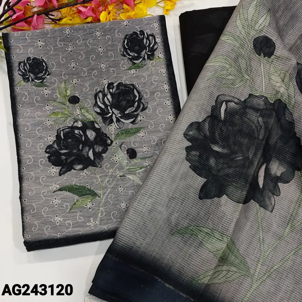 CODE AG243120: Black schiffli embroidered digital printed silk cotton unstitched salwar material(thin fabric lining