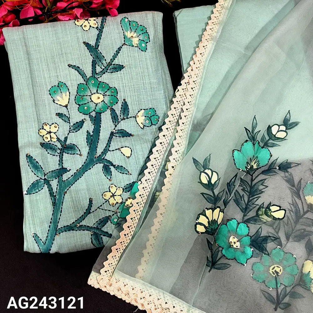 CODE AG243121: Pastel blue pure linen unstitched salwar material hand embroidered work on yoke& front(lining