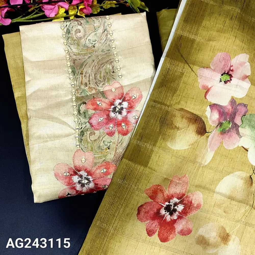 CODE AG24315: pale green& dark green designer semi tussar unstitched salwar material zari& real mirror work on yoke