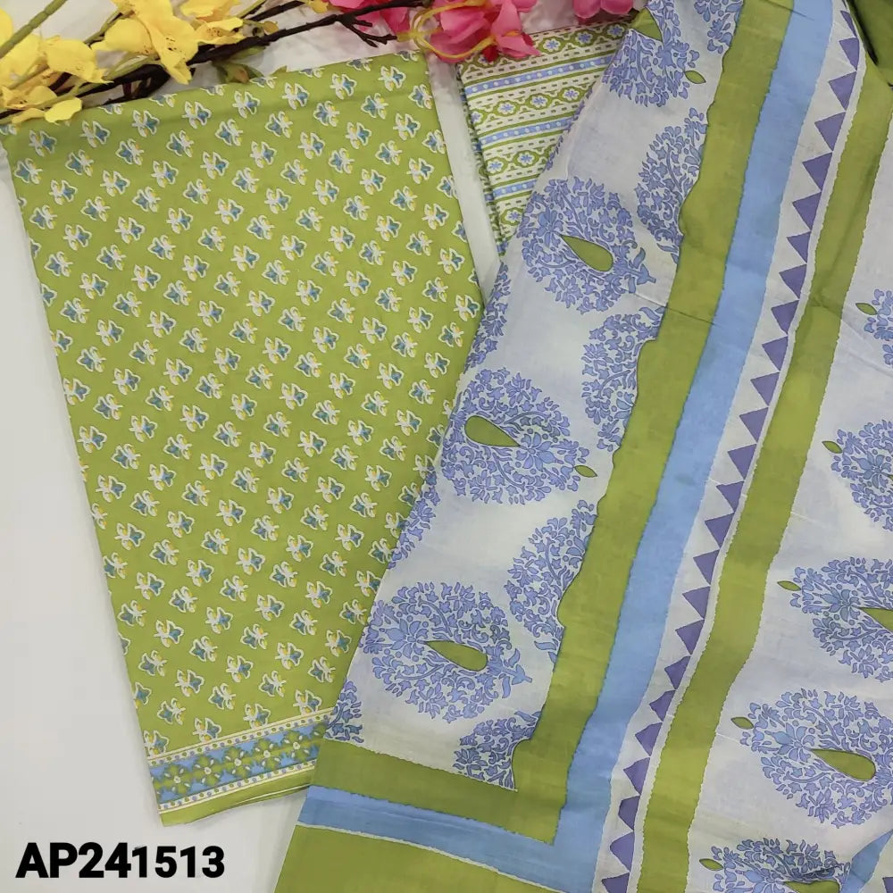 CODE AP241513: Green pure soft cotton unstitched salwar material printed all over(thin,lining needed)printed cotton