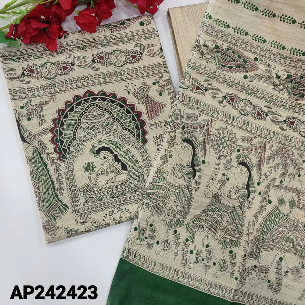 CODE AP242423: Beige bagalpuri jute silk cotton unstitched salwar material,madhubani hand block printed all over,beige