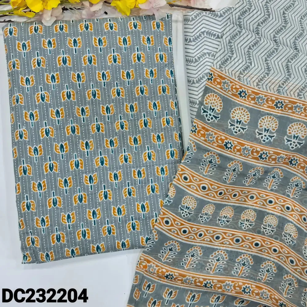 CODE DC232204: Grey pure kantha cotton unstitched salwar material,printed all over(lining optional)printed cotton