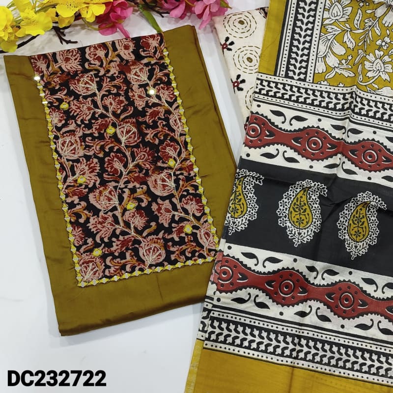 CODE DC232722: Mehandi green premium satin cotton unstitched salwar material,kalamkari yoke patch with real mirror