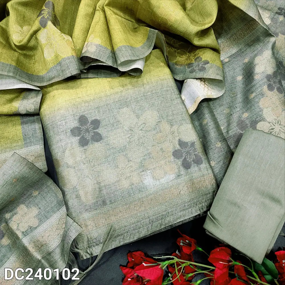 CODE DC240102: Light green designer jamdani woven premium silk cotton unstitched salwar material zari buttas all