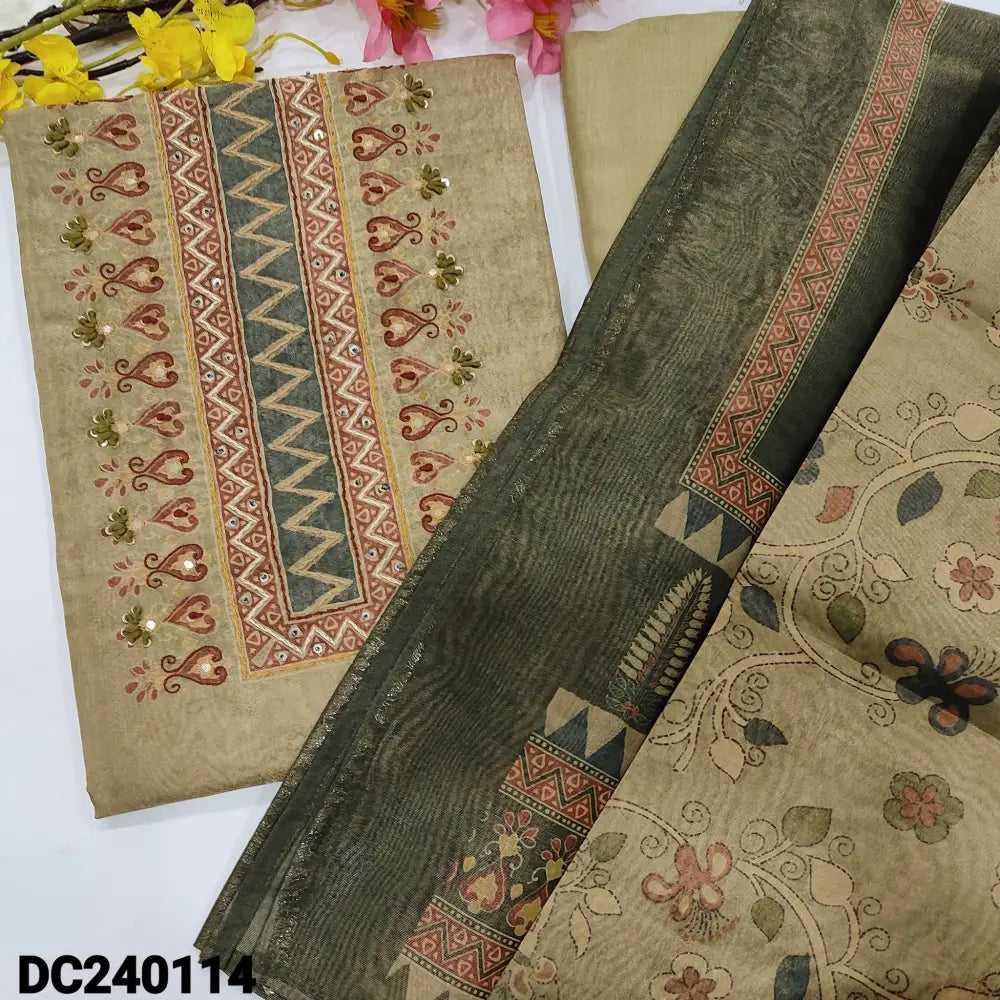 CODE DC240114: Light green with golden tint designers tissue silk cotton unstitched salwar material digital printed