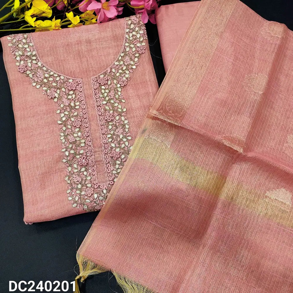 CODE DC240201: Pastel pink tissue kota silk cotton unstitched salwar material rich hand embroidered on yoke& front(thin