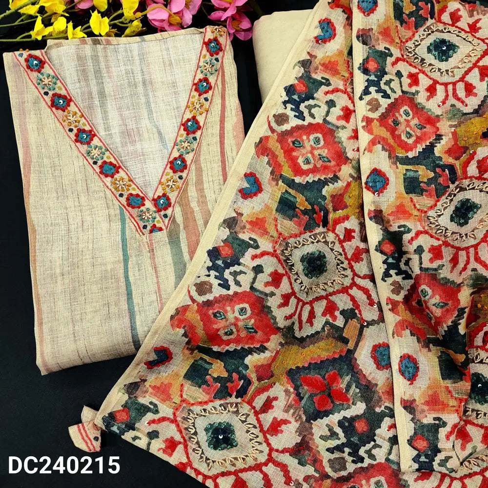 CODE DC240215: Beige base with golden tint vertical printed tissue linen unstitched salwar material v neck with thread&