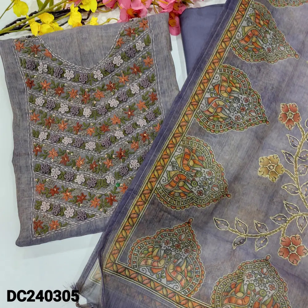 CODE DC240305: Light purple with golden tint premium tissue linen unstitched salwar material heavy hand embroidered