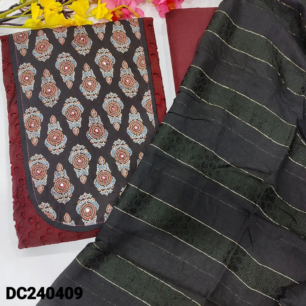 CODE DC240409: Dark maroon schiffli embroidered cotton unstitched salwar material ajrak printed yoke patch with faux