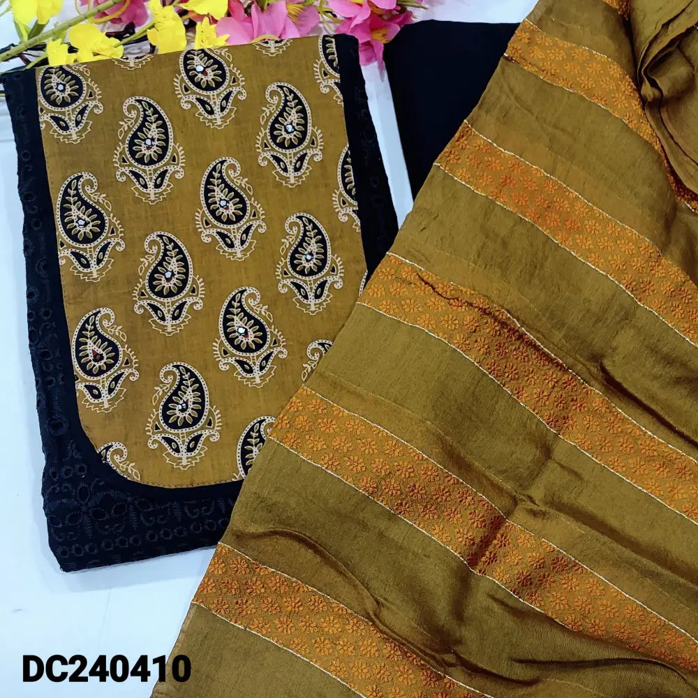 CODE DC240410: Black schiffli embroidered cotton unstitched salwar material ajrak printed yoke patch with faux