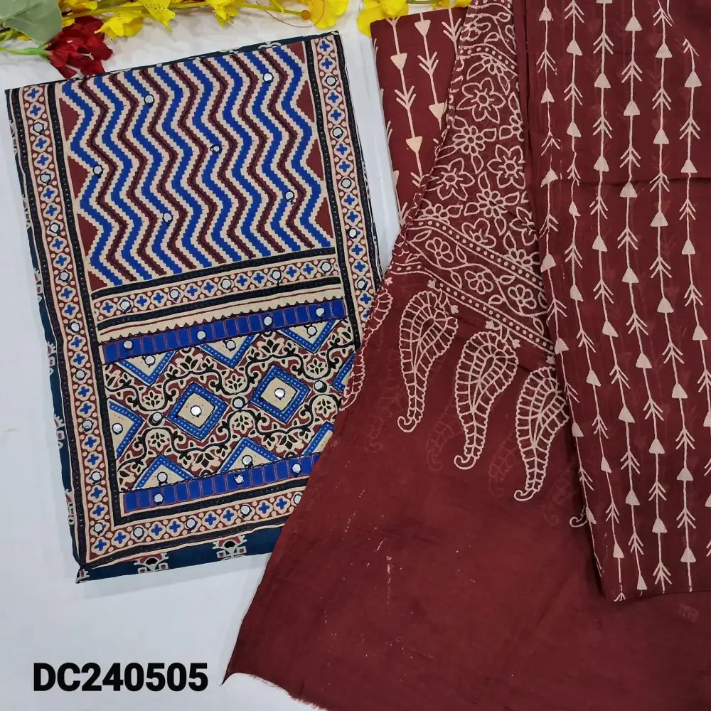 CODE DC240505: Blue block printed pure soft cotton unstitched salwar material faux mirror work on yoke(lining