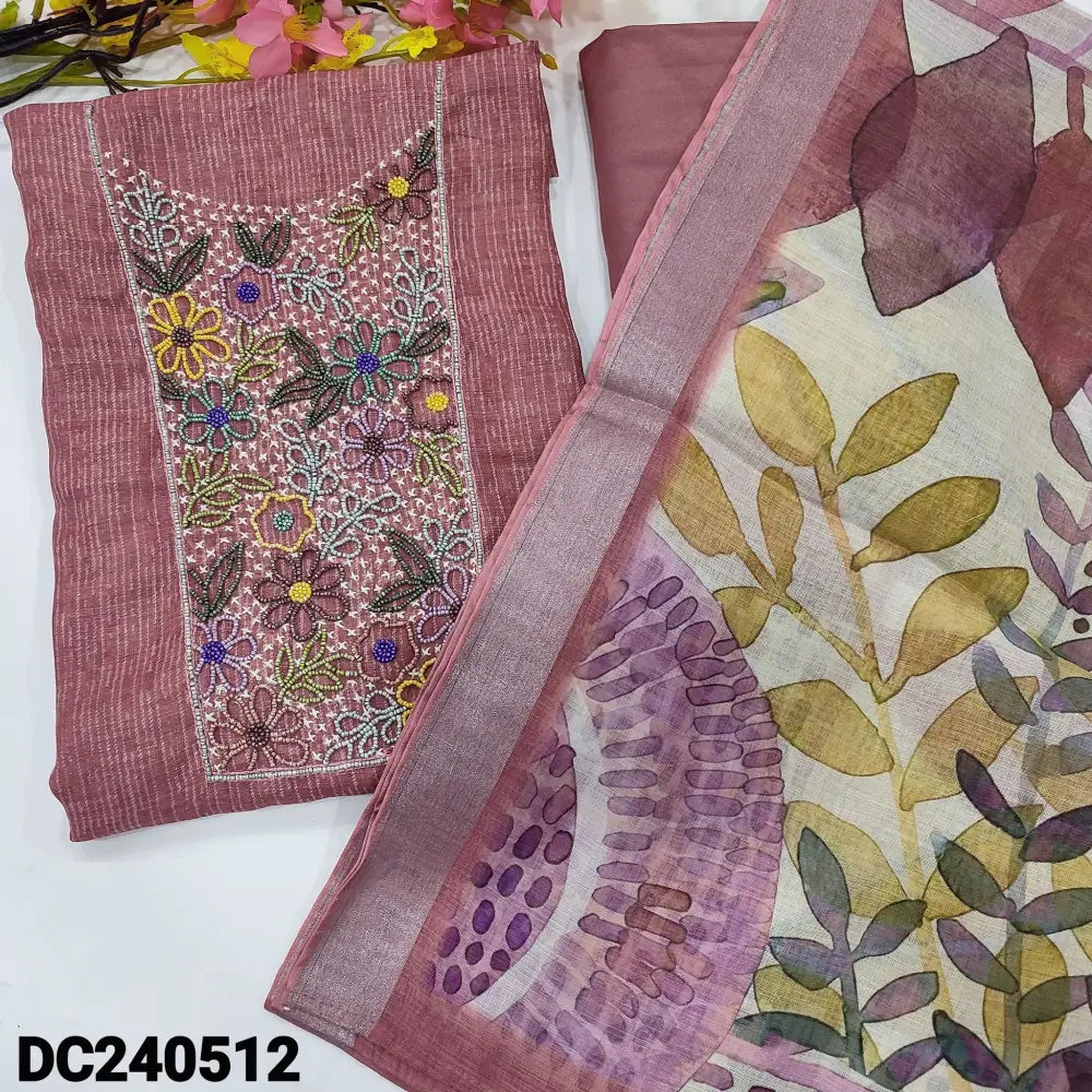 CODE DC240512: Dark onion pink designer printed premium linen unstitched salwar material rich bead work on yoke(thin