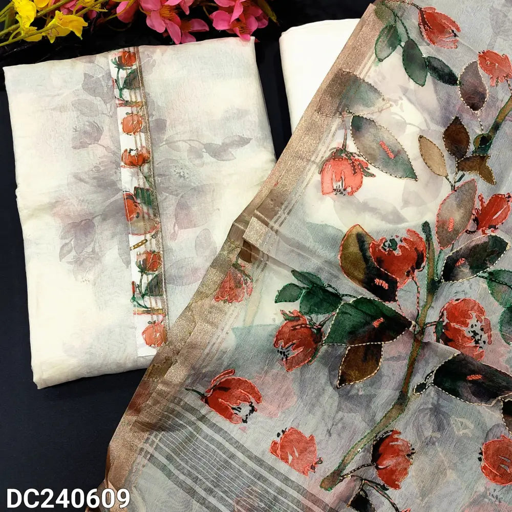 CODE DC240609: Half white light orange floral printed premium organza unstitched salwar material printed yoke