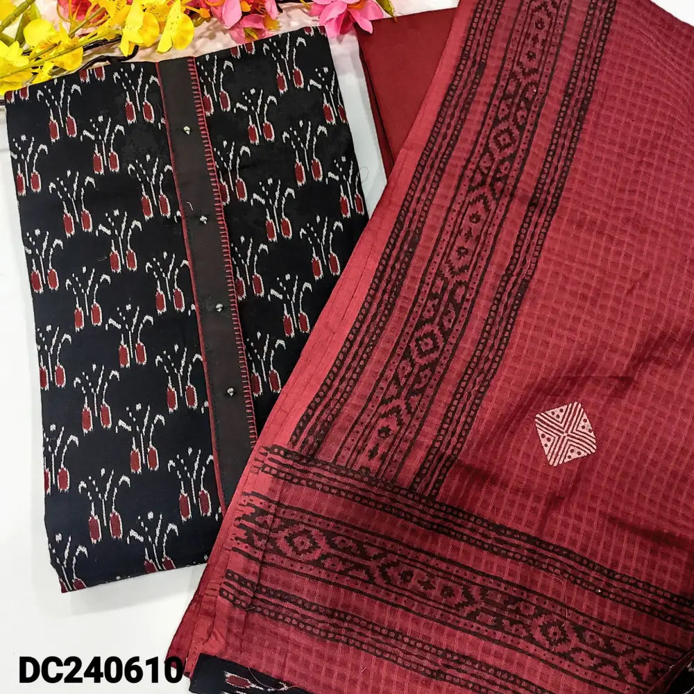CODE DC240610: Black ikat printed premium cotton unstitched salwar material fancy buttons on yoke(lining