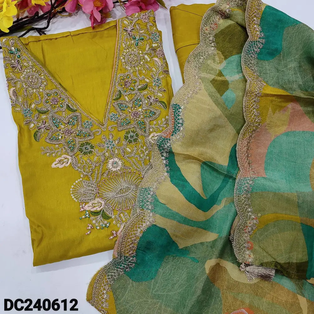 CODE DC240612: Bright mehandhi yellow premium russian silk unstitched salwar material v neck with rich work(shiny