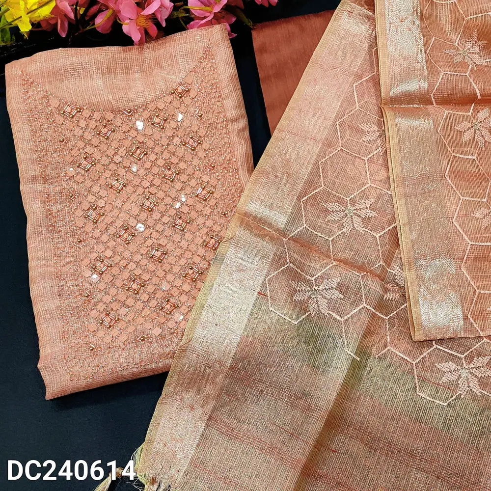 CODE DC240614: Pastel peach with golden tint premium tissue silk cotton unstitched salwar material bead work