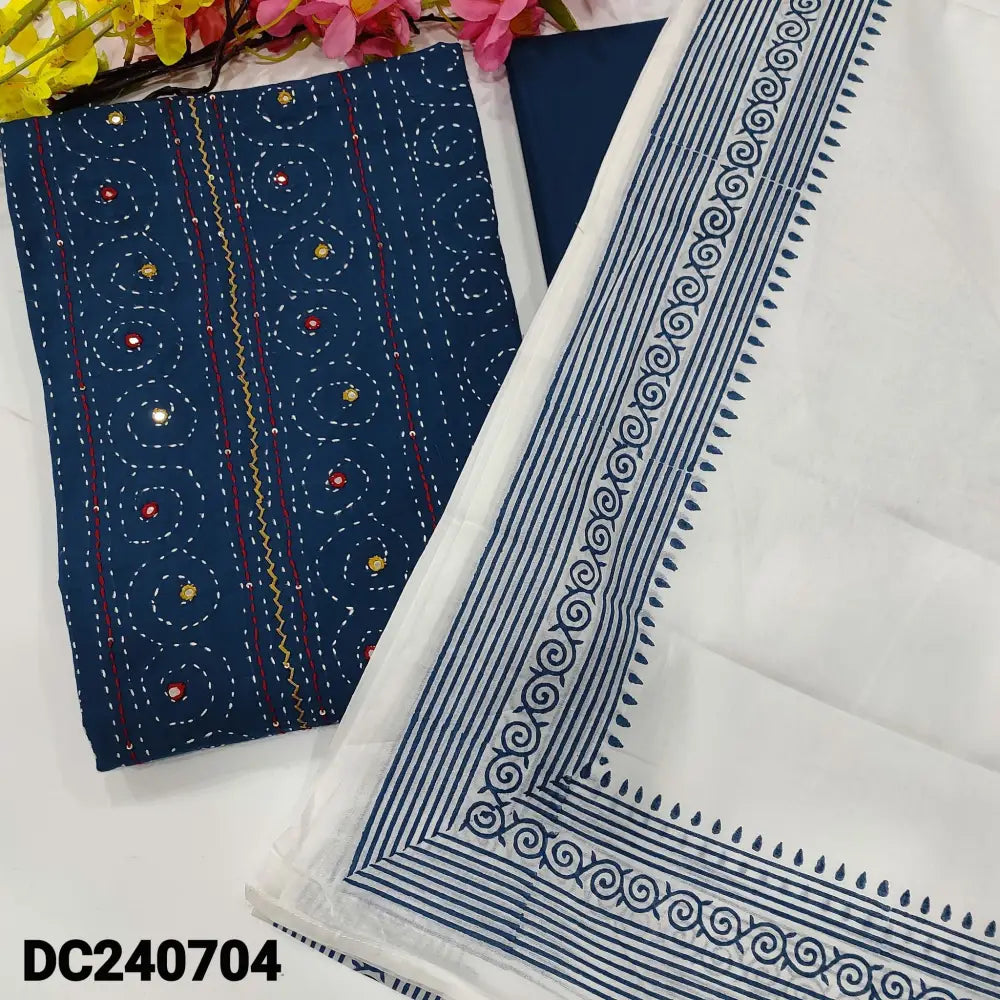 CODE DC240704: Blue pure soft premium cotton unstitched salwar material faux mirror work on yoke(lining needed)matching