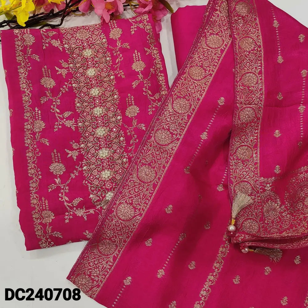 CODE DC240708: Bright pink designer pure dola silk unstitched salwar material rich work on yoke panel pattern &antique