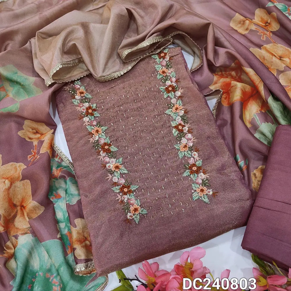 CODE DC240803: Pink with golden tint designer tissue organza silk unstitched salwar material rich bead work