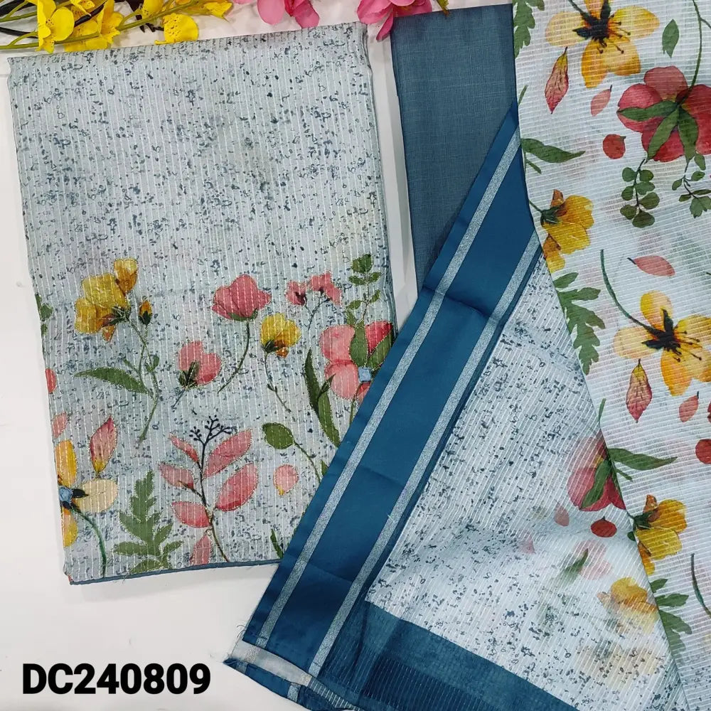 CODE DC240809: Bluish grey digital printed silk cotton unstitched salwar material fancy buttons on yoke self design