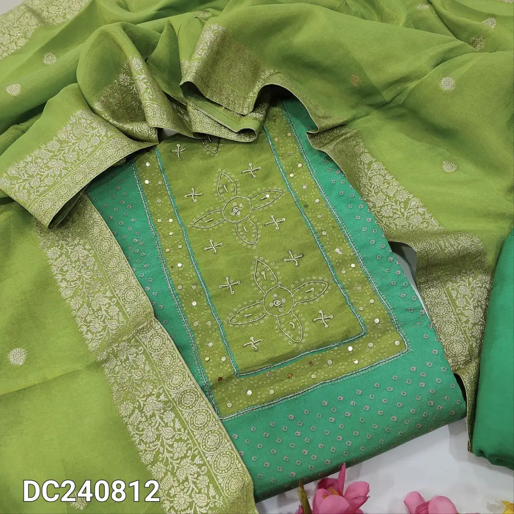 CODE DC240812: Turquoise green tissue organza silk semi stitched salwar material zardozi& sequins work on yoke(thin