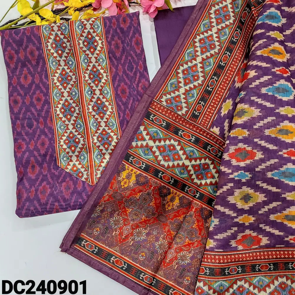 CODE DC240901: Dark purple digital ikat printed silk cotton unstitched salwar material thread& sequins work