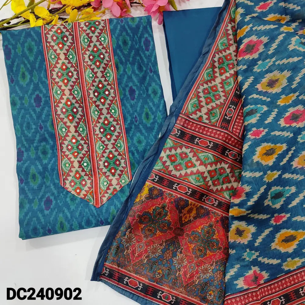 CODE DC240902: Teal blue digital ikat printed silk cotton unstitched salwar material thread& sequins work on yoke(thin