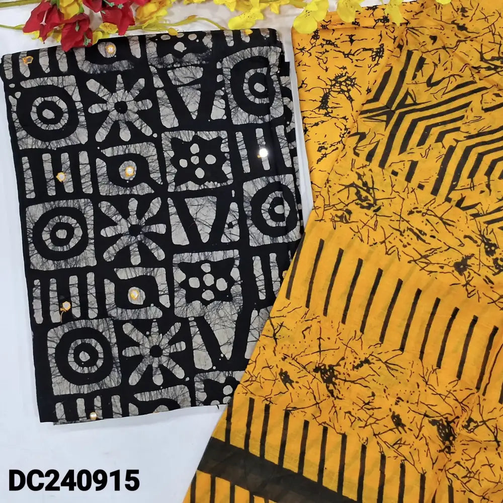 CODE DC240915: Black base original batik dyed pure cotton unstitched salwar material faux mirror work on front(lining