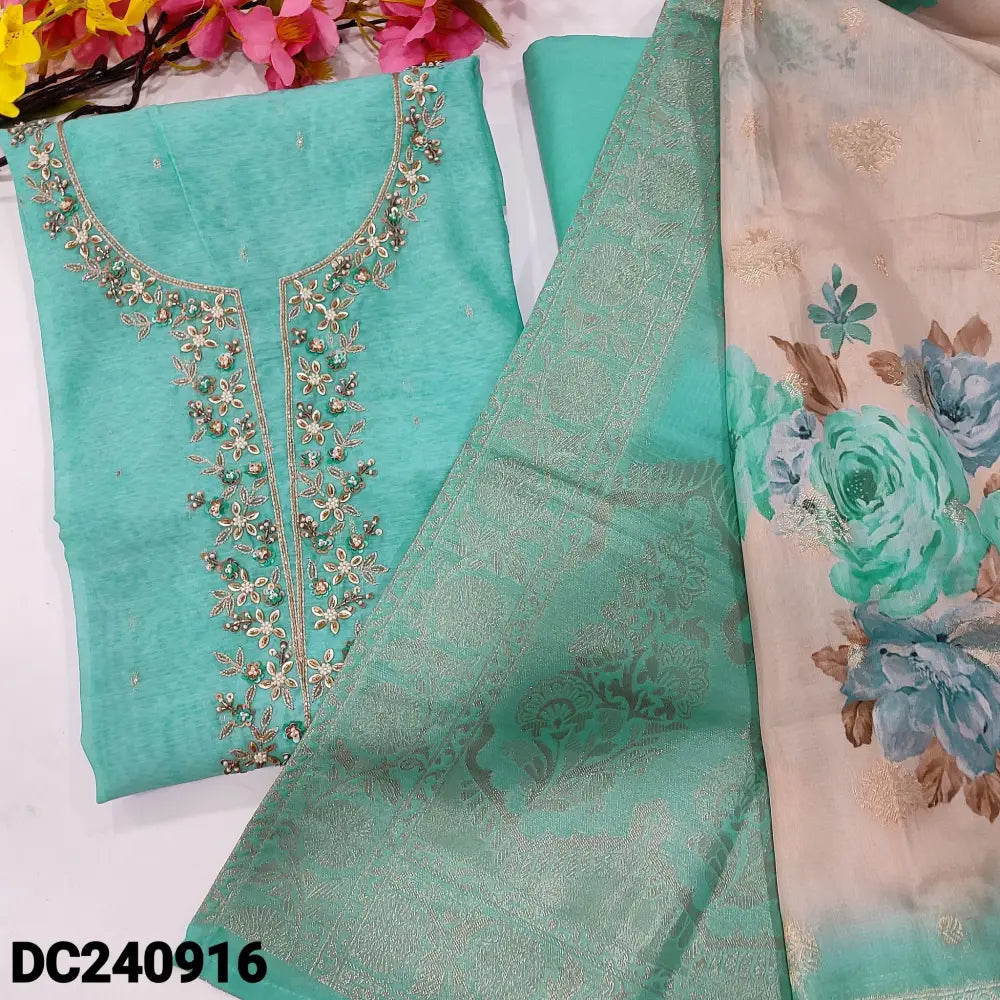 CODE DC240916: Pastel blue designer digital printed silk cotton unstitched salwar material bead& sequins work on yoke